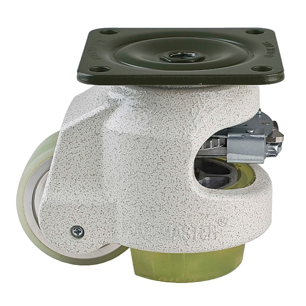 Leveling Caster, Ratchet, 63 mm PU Wheel, 90x90 mm Plate, Swivel, 550 kg Cap, PU Foot Pad, Ivory